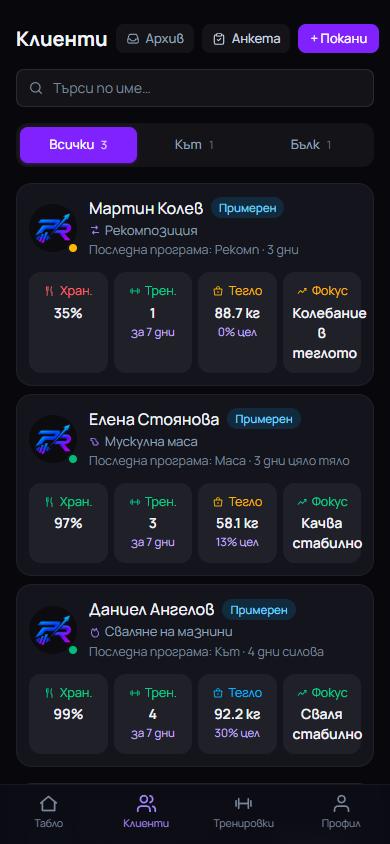 Списък с клиенти: хранене, тренировки за 7 дни, тегло и фокус