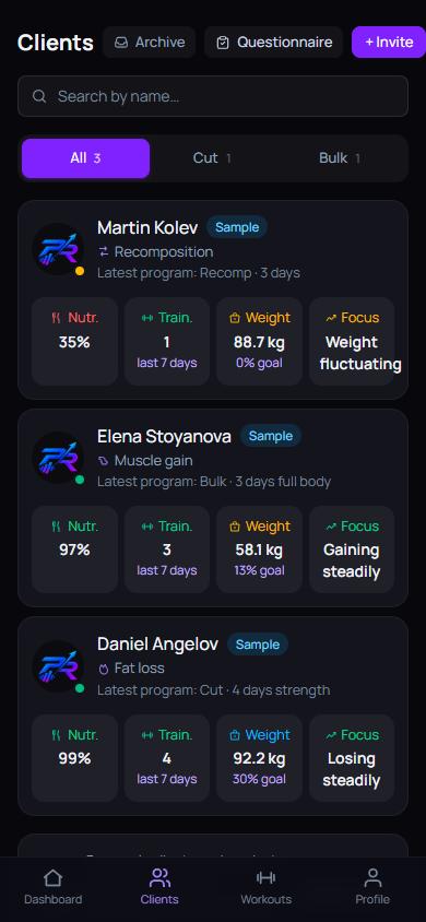Client list: nutrition, workouts in 7 days, weight and focus