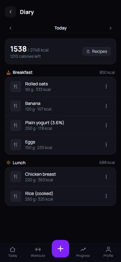 Food search with recent foods and a barcode button
