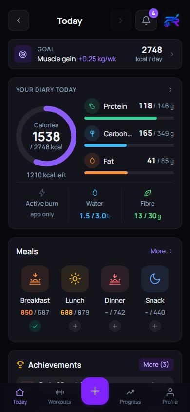 The PRChase home screen: calories, macros, water and meals for the day