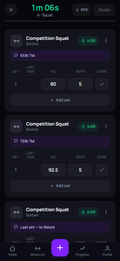 A 5/3/1 session with weights calculated from the training max