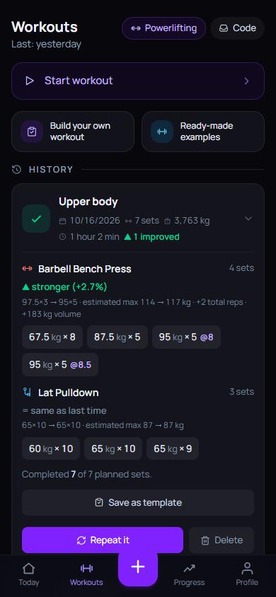 Exercise analysis: stronger by 2.7%, estimated max 114 to 117 kg